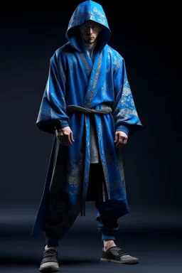young human rogue in blue accented kimono clothing hood down full body