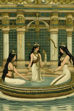 An Egyptian queen gets washed by two female servants in an Egyptian bath in a large Egyptian palace. A Cobra snake wriggles through the water towards her.