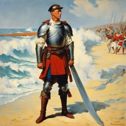 [art by Norman Rockwell, surf at Nazare] Clad in armor that bore the marks of countless battles, Roupinho stood tall and proud, his sword gleaming in the sunlight as if it were an extension of his very being. Forged by skilled artisans and imbued with the essence of his noble lineage, the sword was not just a weapon but a symbol of his duty and honor. Every day, Roupinho would seek solace and guidance in the presence of the Black Madonna. With reverent steps, he would ascend the worn stone steps