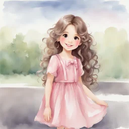 watercolor, full body, cute smile girl, curly hair, big eyes, long brown hair, pink dress, pink shoes, white backgrownd