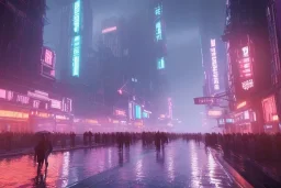 3D, beautiful, light reflecting, empty future city at night, rainy night, neon, cyberpunk, tron, cyborgs walking, 8k, finely detailed, photo realistic