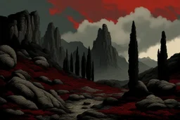 mountains, a gloomy rocky landscape, cypresses stretching up in the foreground, rocks and a bloody sky in the background