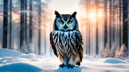 Majestic Owl Unites with Winter Wonderland A stunning double exposure image combines a regal owl with a serene forest landscape bathed in warm sunset light and gently falling snow. The hyper-detailed cinematic style emphasizes realism and artistry, creating a harmonious fusion of natural elements.