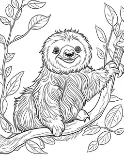 create a 2d black outline, "safari smiling cartoon sloth on a branch coloring book for kids", coloring page, low details design, black contour, coloring page design, simple background, colorful , card style, coloring page for kids, white background, sketch style, safari landscape, cartoon style