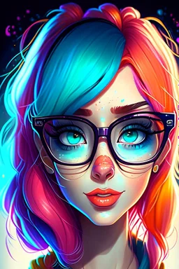 A very beautiful and attractive cartoon girl with colorful hair and a symmetrical face who wears glasses with a luminous face