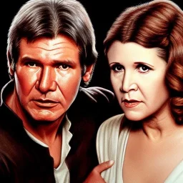 middle-aged carrie fisher embracing harrison ford in star wars, waist up portrait, photorealistic faces, intricate, masterpiece, expert, insanely detailed, 4k resolution, cinematic smooth, intricate detail , soft smooth lighting, soft pastel colors,