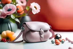 top shot of a purse on a pink table with flowers, gray spheres in the background, product photography in style of Kodak Portra — style raw — q 2 — s 250 — v 5.2 — ar 9:16