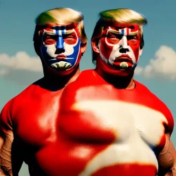 Realistic image of Donald trump wrestler, Mexican wrestling style, Mexican wrestling mask for eyes, red and blue breeches, glow us flag dress, suspenders, retro style, 80s, vibrant color, highly detailed, sky background, concept art, unreal engine 5, god rays, ray tracing, RTX, lumen lighting, ultra detail, volumetric lighting, 3d, finely drawn, high definition, high resolution.