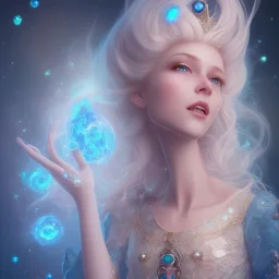 cosmic petit prince belle fine, profil de trois quart, grand front cosmique, peau bleu cristalline, yeux bleu, perle sur le front long cheveux blond et rose etoilé, cristaux sur le corps, collier de grande princesse, levres souriante, très jolie sourire