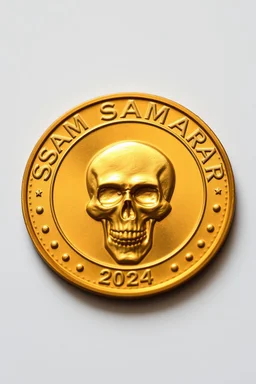 view of word , SAM SAMARRAI 2024, on the edge on the gold coin ,with picture of skull head, in the middle of the coin.