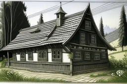 schita cu tema casa taraneasca din Bucovina , incadrata bine in rama , hasurat cu linii fine , cu mare acuratete si contrast , stil gravura pe metal