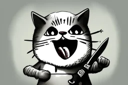 Cat diabolical smiling with a bloody knife with blood. Illustration.