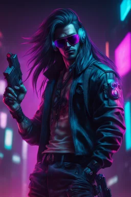 male cyberpunk solo with long hair, korean, Wearing Urban Gang Flash and mirrored dark sunglasses, and gun, headaphone, strong cyber warrior, black tatoo, attrakvtive man, Retroanime, rembradt lighting, neon complementary colors, dark vibe, scifi
