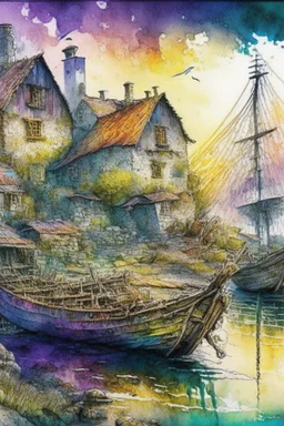 an old Irish fishing village, Jean-Baptiste Monge style, surreal, a masterpiece, razor-sharp focus, dynamic lighting, watercolor and ink concept art extremely detailed psychedelic 8k beautiful high detail high definition colourful matte background Michelangelo Van Gogh colorful dramatic lighting fine art reflections whimsical National Geographic photography Alexander Archipenko Romantic Impressionism Fantasy illustration Romantic realism