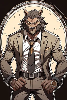 Buff, anthro, wolf, himbo, black fur, gold eyes, wearing a suit, full-body, muscles, strong, muscular, man boobs, bulky, tail, dark fur, smug grin, hands on hips,