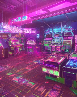 A dark photo of a full panoramic view an 80's aesthetics arcade at night, with a lot of functioning arcade machines, a vaporwave floor and some colorful tiles in between the floor. Purple aesthetics.