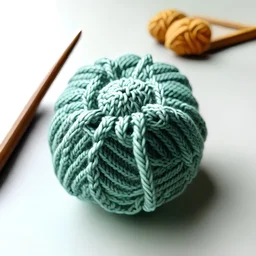 flower-shaped wool ball, crossed by two crochet hooks. front view. bottomless.