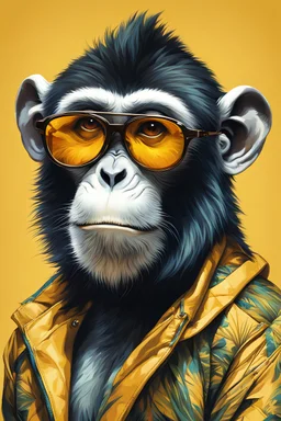 a painting featuring a monkey wearing sunglasses, Full-shot angle, the artwork showcases a fashion-illustration style with multiple filter effects, warm color palette, great composition, sharp focus, high detail, an example of ultra-high quality and clarity, perfect play of light and shadow, 32k UHD, hyper-detailing. NFTs with yellow gradient background