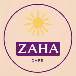 A circular logo with the name (ZAHA) designed for a cafe with a golden sun symbol and purple color