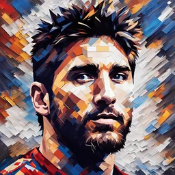 abstract art painting of messi's face, in the style of pixelated portraits, cracked, oversized portraits, elegant