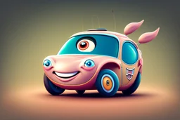 whimsical cartoon car with big eyes and its front grill forming a friendly smile, with a mouse character riding on it.