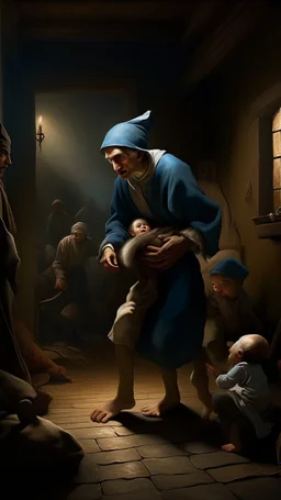 Bosch nightmares paining style Title:a man carrying by a sick young son and he is trying to help him sadly , 8k artistic photography, photorealistic concept art, soft natural volumetric cinematic perfect light, chiaroscuro, award-winning photograph, masterpiece, oil on canvas, Raphael, Caravaggio, Greg Rutkowski, people, beksinski, Giger