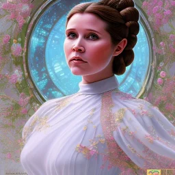 hyperspace background, complete and photo realistic detailed head to waist stunning photo realistic portrait of young carrie fisher as Princess Leia in star wars with photo realistic hairstyle by Mandy Jurgens and mucha and Richard Schmid and chuck close and chie yoshii, extraordinary and detailed ceremony dress of star wars,brown eyes