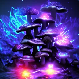 Spherical Frost metal magic armoured lightning glowing Mycelium MUSHROOM stars galaxy SPACE lANDSCAPE BURNING IN BLUE FLAMES hellfire abyss math chaos vivid cell