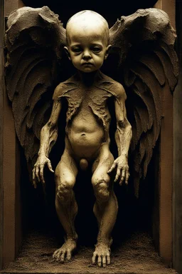 sculpture of a baby with wings. decayed and rotting with grotesque proportions and imagery. abstract grotesqueries, detailed texture, surreal horror, biomechanical design, by hr giger and beksinski