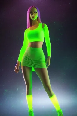 Full body portrait, painting, medium shot lady Spacecore volumetric nuclear waste glow skin-tight crop top and volumetric nuclear waste glow skin-tight miniskirt