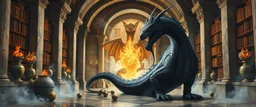 master oil painting by Escher and Giger, glaring vases and black humanoid reflective expressive long clunky obese elder dragon and hidden golden dragon inside marble hall library, cryptic eggs, sacred geometry, fire fog and steam border, fire elemental creature, twisted dimensional portal for ice elemetals only