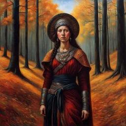 create a classical-abstract-realist sci-fi fantasy full body portrait painting of a nomadic tribal shepherdess with highly defined facial features, in an autumnal northern forest in the style of Donato Giancola, Hans Memling, Titian, and Caravaggio, 8k, highly detailed, otherworldly and fantastic