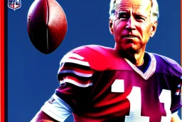 Full view Joe Biden as a football player wearing a helmet trading card packet helmet, NFL logo, fleer 1985