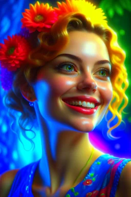 A happy beautiful woman, head and shoulders portrait, 8k resolution concept art portrait by Greg Rutkowski, Artgerm, WLOP, Alphonse Mucha dynamic lighting hyperdetailed intricately detailed Splash art trending on Artstation triadic colors Unreal Engine 5, cinematic