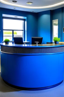 A circular blue reception desk with three chairs