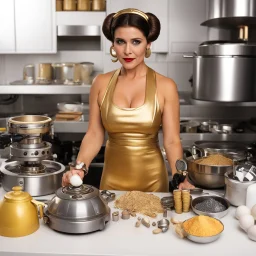 a real world photograph of Princess Leia in her buns and gold bikini in front of a cooking kit: Made for recipes on an alien planet: include: Electric mixer, blender, food processor, slotted spoon and chef's knife, measuring cups, spatula, whisk, ladle, can opener, vegetable peeler, food pills and a flour, sugar, salt, spices, dried herbs, bouillon cubes, pots, pans, plates, bowls, and utensils, trussing poultry or tying bundles of herbs, etc.Make it simple and labeled.‘ in New Orleans Hell's Ki