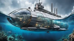 An unique futuristic glass and metal submarine in the ocean, with large of water surrounding it. The submarine bottom positioned in the center of the frame, providing a unique perspective on this streamlined high-techstructure and interior equipment underwater, high detalied, sharp focus, best shot, sci-fi mood