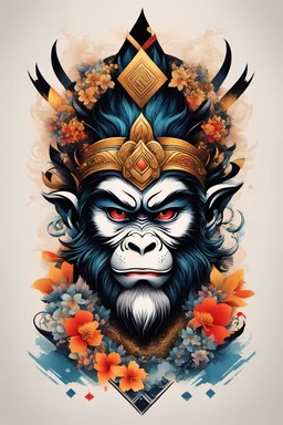Create a captivating modern 2d colorfull ink tattoo design for print , prestigious Monkey King using the elegant influences of japan art style, for print, dynamic elements from fashion and design, and bold Japanese contemporary art aesthetics, bauhaus, framing centered in the center, distanced from the edges of the paper perimeter,