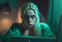 mulher, loira, cabelo amarrado, olhos verdes, preocupada, tensa,sentada, preocupada, quarto, 4k full, realista, cinema, cores frias, mexendo no computador, noite, imagem cinematográfica