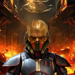 star wars bald male corellian jedi wearing gunmetal grey and black old republic armored flightsuit with gold and metallic red trim inside the jedi temple, centered head and shoulders portrait, hyperdetailed, dynamic lighting, hyperdetailed background, 8k resolution, volumetric lighting, light skin, fully symmetric details