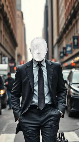 A man with suite carrying a business bag walking in the new York street , his head is a covered with white chalkwith no eyes nose or mouth