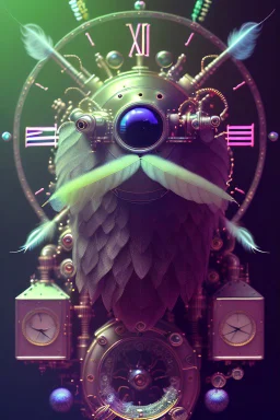 bearded man head with feathers, spheres, cubes, gears, clocks, engine parts, exhaust pipes, fur, peacock feathers, mechanism, in the style of Android Jones, gradient, bioluminescent, rococo, photorealistic, intricate details, 8k, purple and gold, digital painting, top light, illustration, trending on artstation