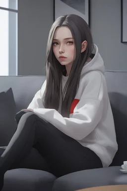 A portrait of a scared woman with long brown hair without bangs, red eyes, pale skin; wearing a long-sleeved black sweatshirt; sitting on a couch; modern living room setting; By artist "anime", 3d anime art, inspired by WLOP, Artstation, #genshinimpact pixiv, extremely detailed, aesthetic, concept art, ultrafine detail, breathtaking, 8k resolution, vray tracing