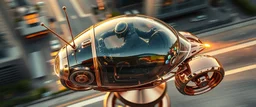 seen from above, tattoo style, motion blur, airbrush art, elon musk riding inside an awesome trike spaceship tower in copper, fast one in the shape of a transparent snail , now its gonna do an awesome gig , bokeh like f/0.8, tilt-shift lens 8k, high detail, smooth render, down-light, unreal engine, prize winning