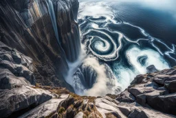 at the base of the rocky mountain peninsula, a great whirlpool waterfalls into deeper unknown depths