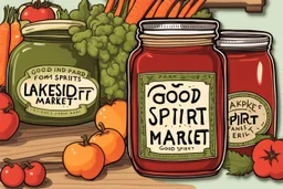 Stickers for a lakeside farmers' market "Good Spirit Market" in a national parks sticker style, featuring illustrations of home preserves.