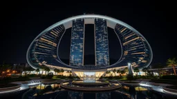 A futuristic skyscraper at night, designed with sweeping hyperbolic curves, where the entire façade is made of reflective glass. The building rises gracefully toward the sky, with its symmetrical hyperbolic arc creating a sense of balance and elegance. Surrounding the structure are lush gardens and flowing water features that mirror the curves of the building. There are mountains in the distance. Darkness at midnight. Award-winning photograph.