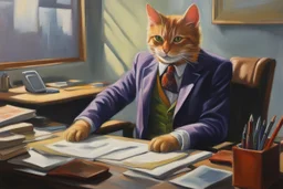 cat secret agent joker in an office in sunshine, very detailed, oil painting