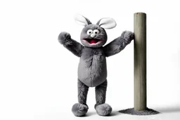 Scruffy fluffy grey puppet plush dust Bunny, holding with both hands onto a post while being blown by the wind, extending vertically, panicked. on white background