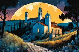 create a fine art print illustration of an old Italian village church, with highly detailed rough stonework, surrounded by ancient Lombardy poplar trees, in the hills of Tuscany under a harvest moon at midnight , in the comic book art style of Bill Sienkiewicz, and Jean Giraud Moebius, finely textured, drawn, colored, and inked